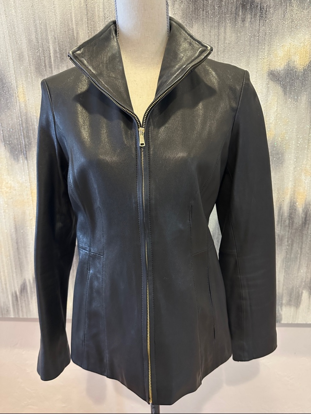 Cole Haan Black Leather Zip-Front Jacket with Stand Collar
